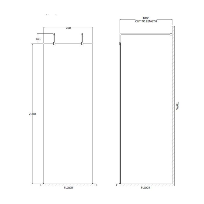 Dezine 700mm 8mm Wetroom Screen, 2 Support Arms, 1950mm