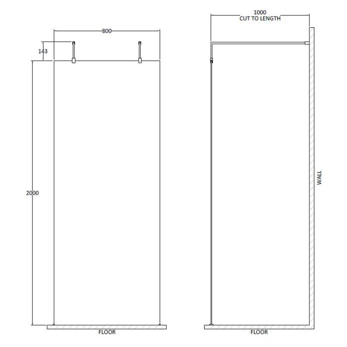 Dezine 800mm 8mm Wetroom Screen, 2 Support Arms, 1950mm