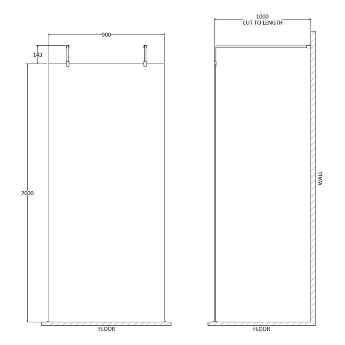 Dezine 900mm 8mm Wetroom Screen, 2 Support Arms, 1950mm