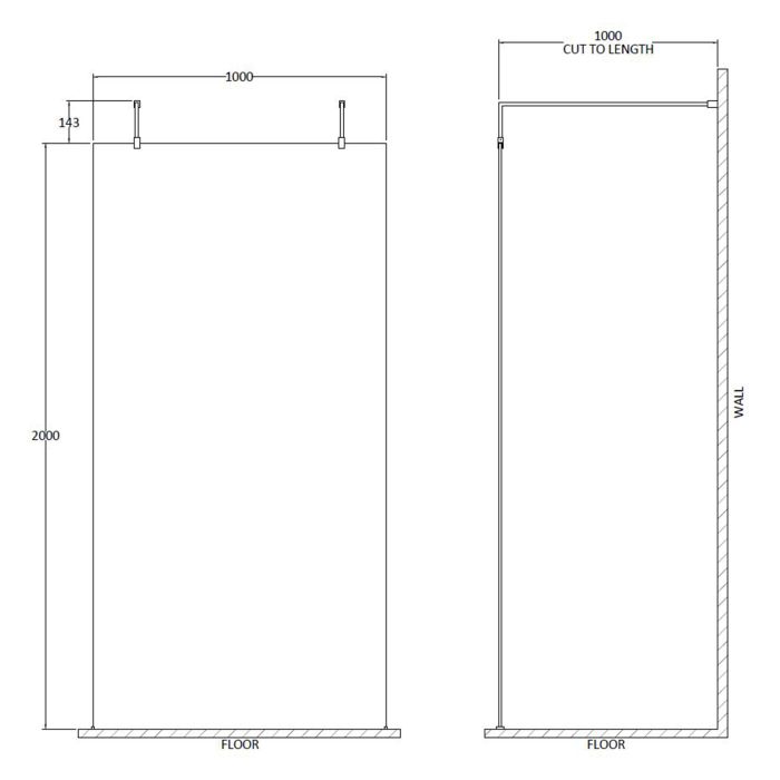 Dezine 1000mm 8mm Wetroom Screen, 2 Support Arms, 1950mm