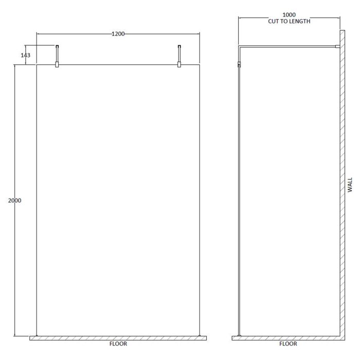 Dezine 1200mm 8mm Wetroom Screen, 2 Support Arms, 1950mm