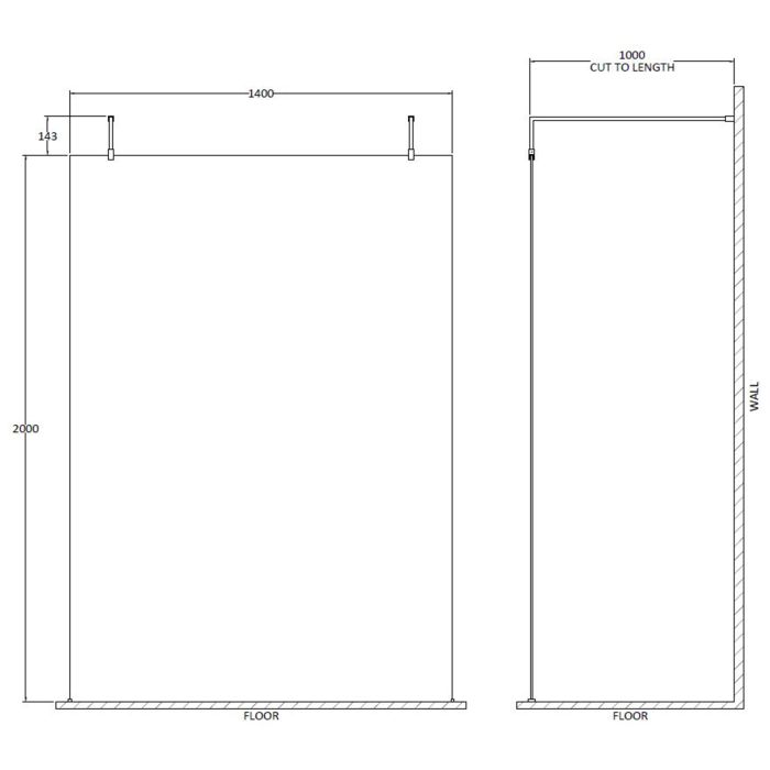 Dezine 1400mm 8mm Wetroom Screen, 2 Support Arms, 1950mm