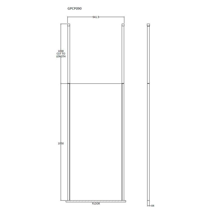 Dezine 900mm 8mm Wetroom Screen, 2 Ceiling Posts, 1950mm