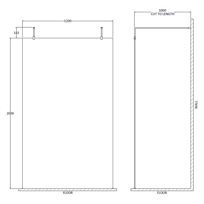 Dezine 1200mm 8mm Matt Black Framed W/r Screen, 2 Supp Arm