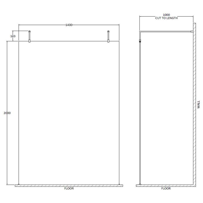 Dezine 1400mm 8mm Matt Black Framed W/r Screen, 2 Supp Arm