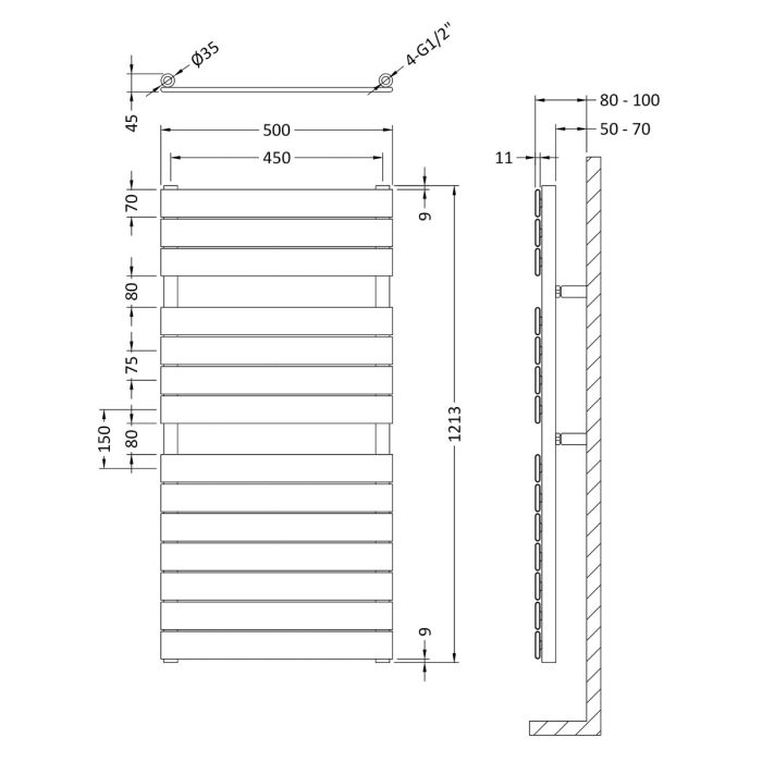 Dezine Flat Panel 1213 x 500mm Chrome Towel Rail