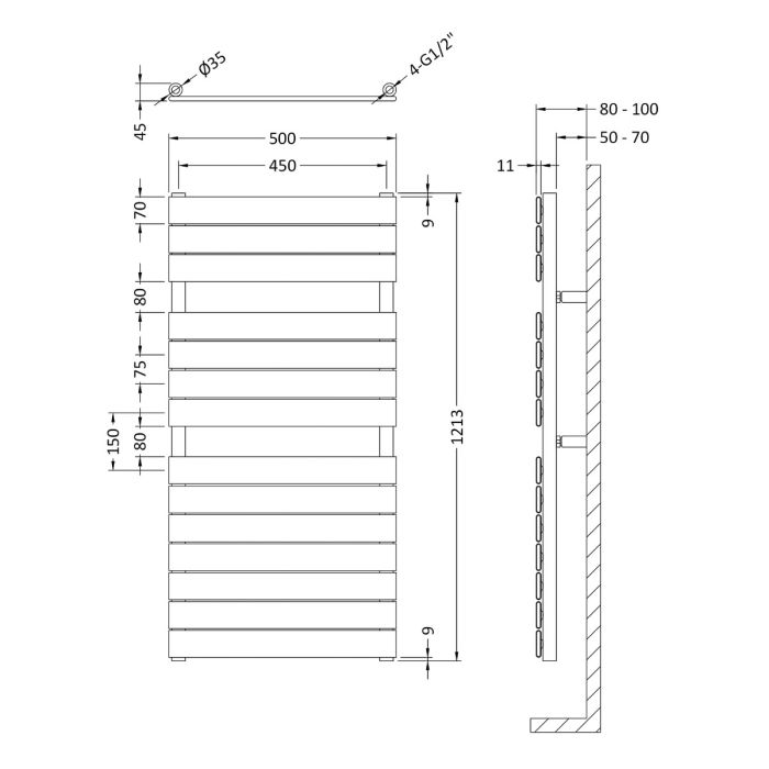 Dezine Flat Panel 1213 x 500mm Gloss White Towel Rail