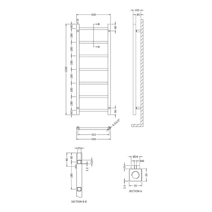 Dezine Crouch 1200 x 450mm Chrome Towel Rail