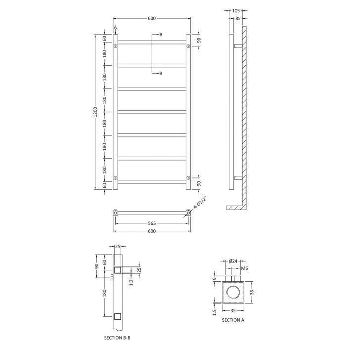 Dezine Crouch 1200 x 600mm Chrome Towel Rail