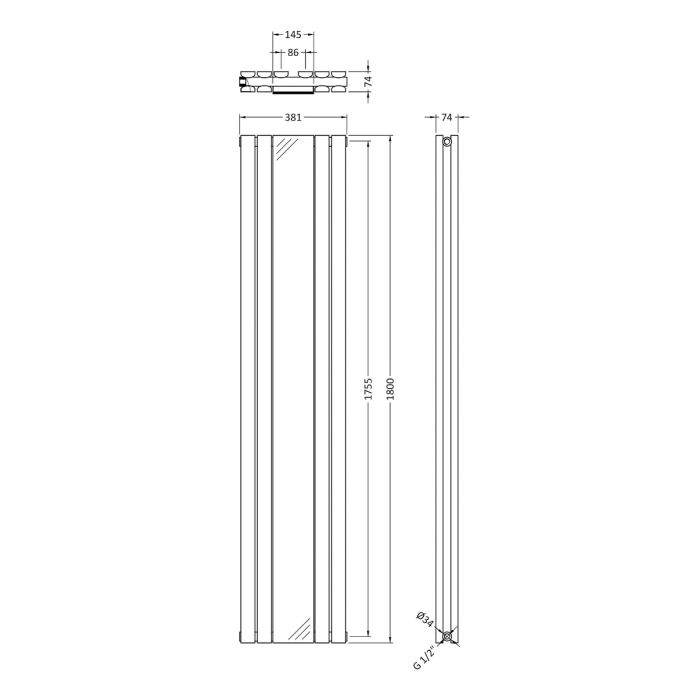 Dezine Ehen Double Panel 1800 x 354mm Anthracite Radiator with Mirror