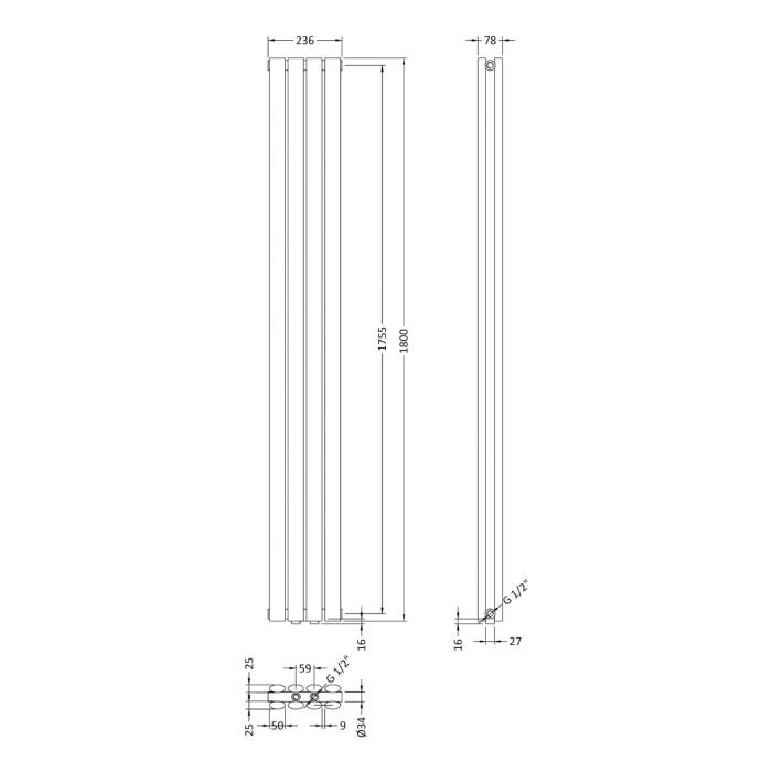 Dezine Clun Double Column 1800 x 236mm White Radiator