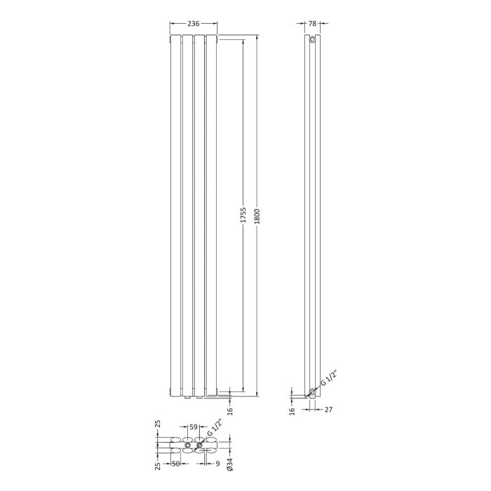 Dezine Clun Double Column 1800 x 236mm Anthracite Radiator