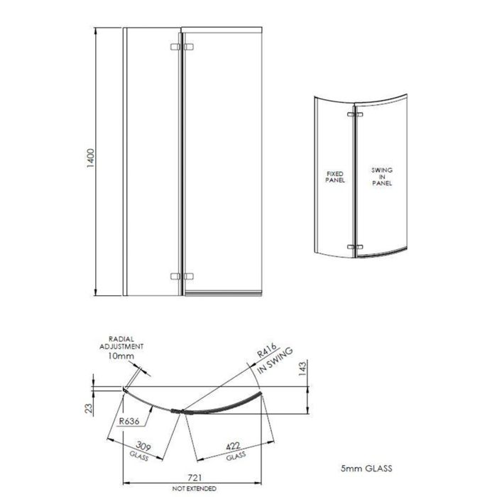 Dezine 5mm B Shaped Shower Bath Screen with Fixed Panel