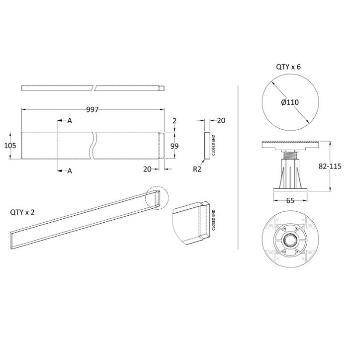 Dezine Gloss White Shower Tray Leg Kits with Plinth.  Suitable for 700-900mm Dezine Trays