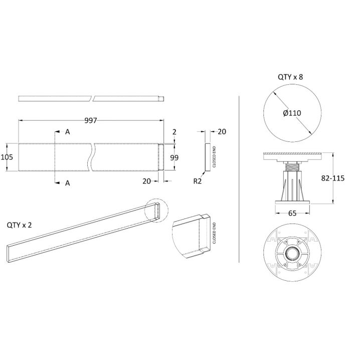 Dezine Gloss White Shower Tray Leg Kits with Plinth.  Suitable for 1000mm Dezine Trays