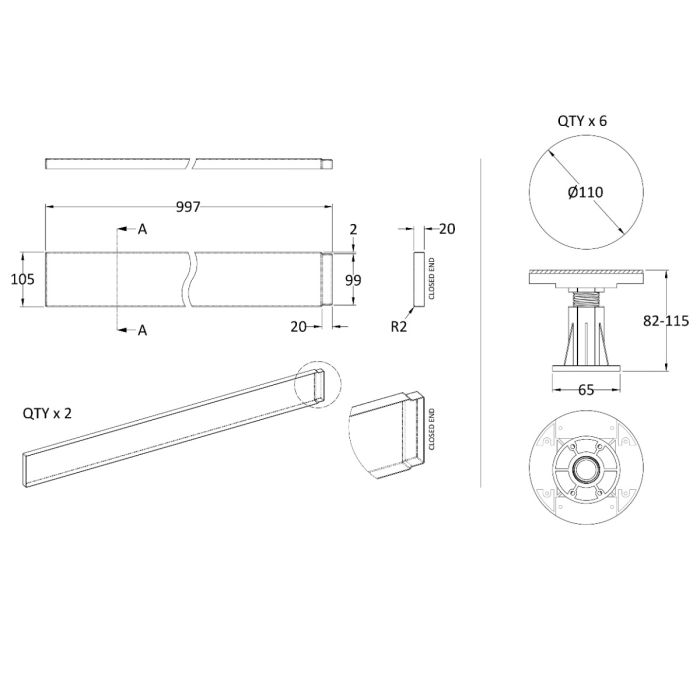 Dezine Slate Grey Shower Tray Leg Kits with Plinth.  Suitable for 700-900mm Dezine Trays