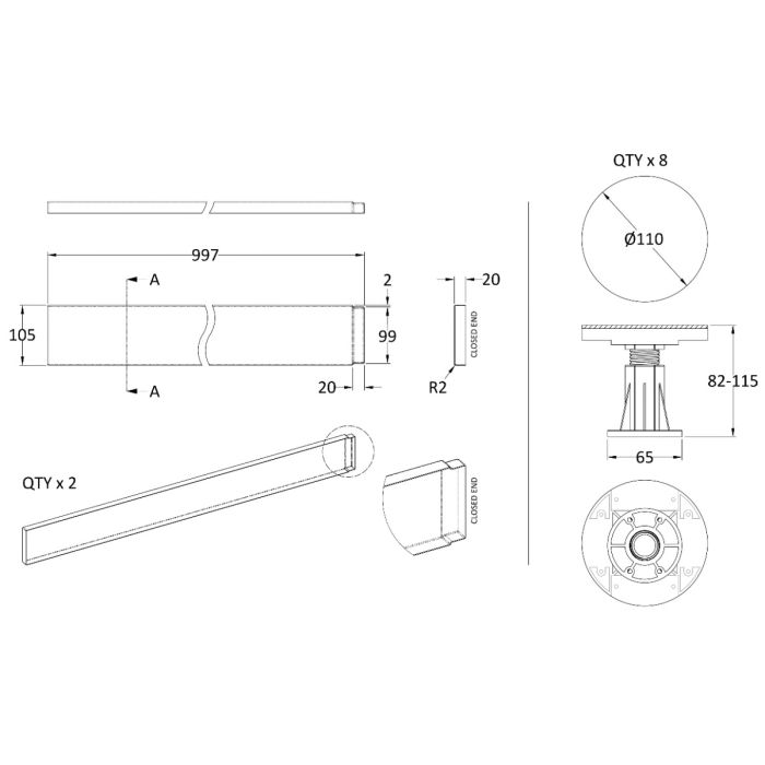 Dezine Slate Grey Shower Tray Leg Kits with Plinth.  Suitable for 1000mm Dezine Trays