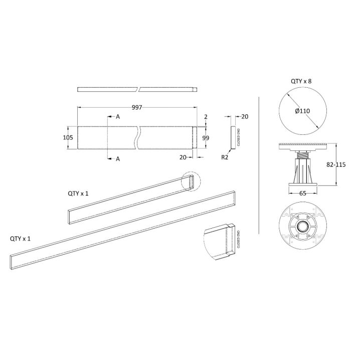 Dezine Slate Grey Shower Tray Leg Kits with Plinth.  Suitable for 1100-1200mm Dezine Trays