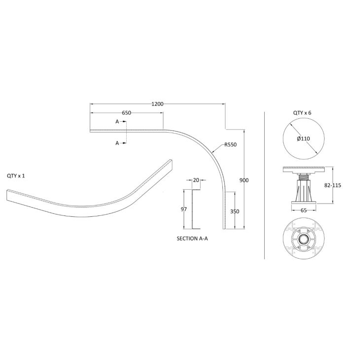 Dezine Slate Grey Shower Tray Leg Kits with Plinth.  Suitable for 1000-1200mm Quadrant Dezine Trays