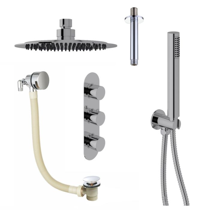 Dezine Pennar 5 Concealed Shower Kit with Handset, Ceiling Mounted Rain Head and Bath Overflow Filler, Chrome