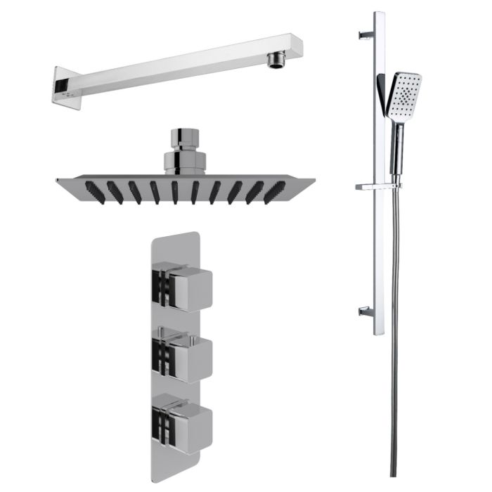 Dezine Cubo Concealed Shower Kit with Slide Rail Kit and Stort Mounted Rain Head, Chrome