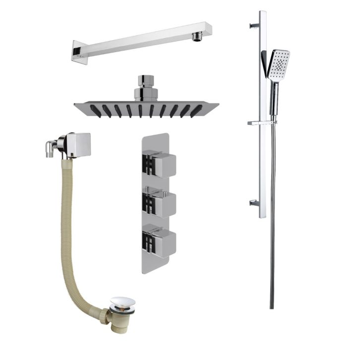 Dezine Cubo Concealed Shower Kit with Slide Rail Kit, Stort Mounted Rain Head and Bath Overflow Filler, Chrome