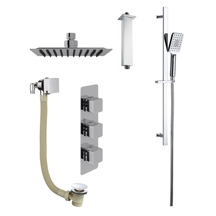 Dezine Cubo Concealed Shower Kit with Slide Rail Kit, Ceiling Mounted Rain Head and Bath Overflow Filler, Chrome