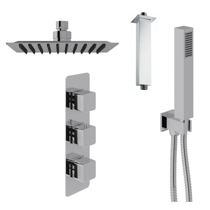 Dezine Cubo Concealed Shower Kit with Handset and Ceiling Mounted Rain Head, Chrome