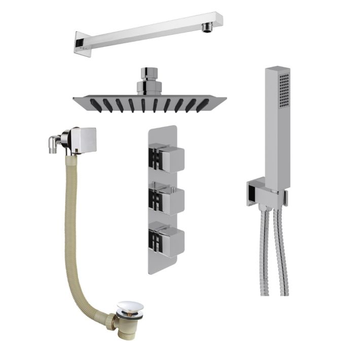 Dezine Cubo Concealed Shower Kit with Handset, Stort Mounted Rain Head and Bath Overflow Filler, Chrome