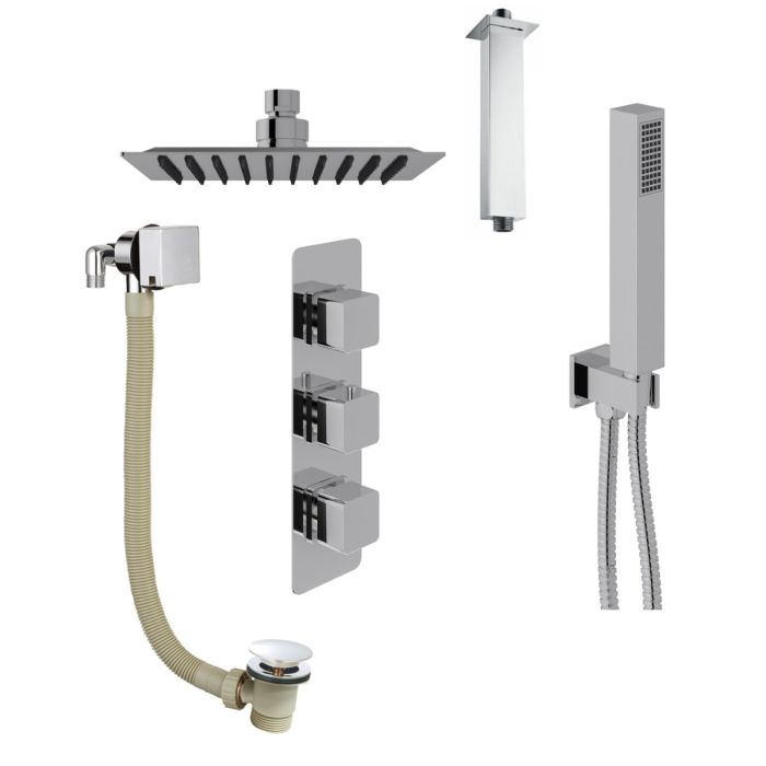 Dezine Cubo Concealed Shower Kit with Handset, Ceiling Mounted Rain Head and Bath Overflow Filler, Chrome