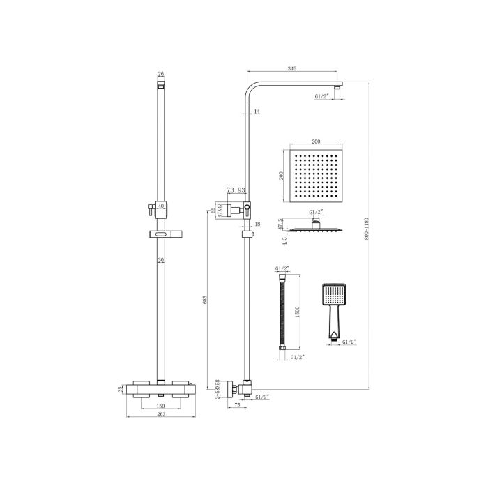 Dezine Cubo Exposed Square Shower Kit, Matt Black