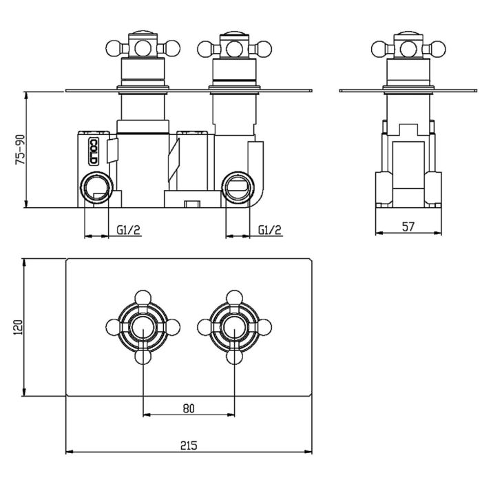 Dezine Rhone Pro Rother Concealed Triple Shower Valve, 2 Outlet