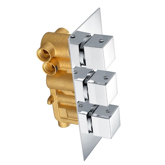 Dezine Cubo Chrome Square Concealed Triple Shower Valve with Diverter, 3 Outlet