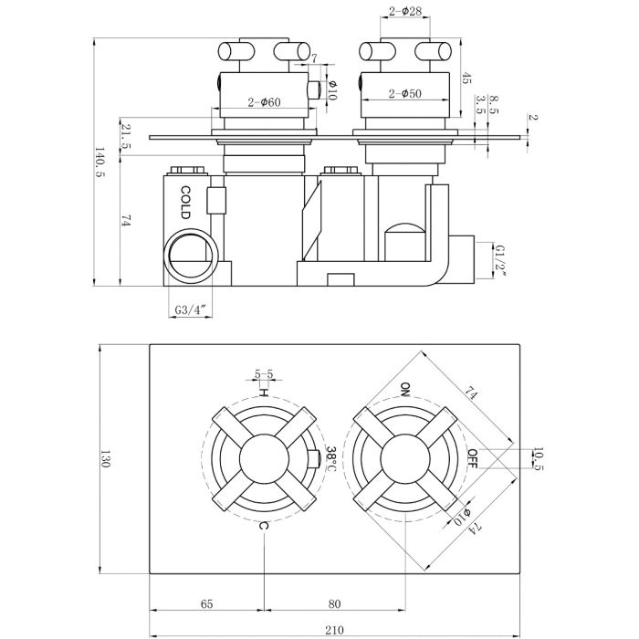 Dezine Parrett Chrome Concealed Twin Shower Valve, 1 Outlet