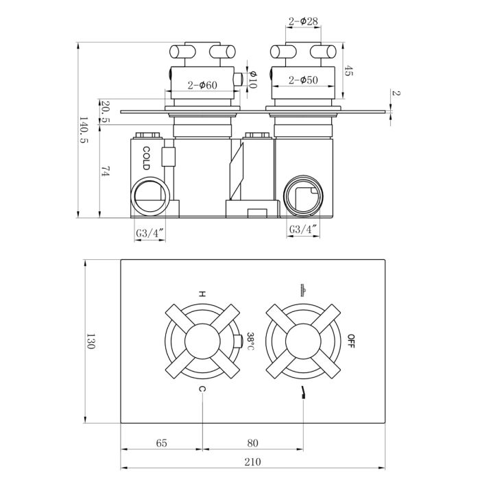 Dezine Parrett Chrome Concealed Twin Shower Valve with Diverter, 2 Outlet