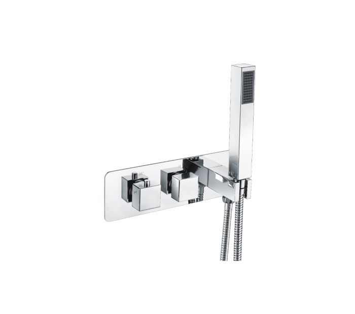 Dezine Cubo Chrome Square Twin Valve with Integrated Handset, 2 Outlet