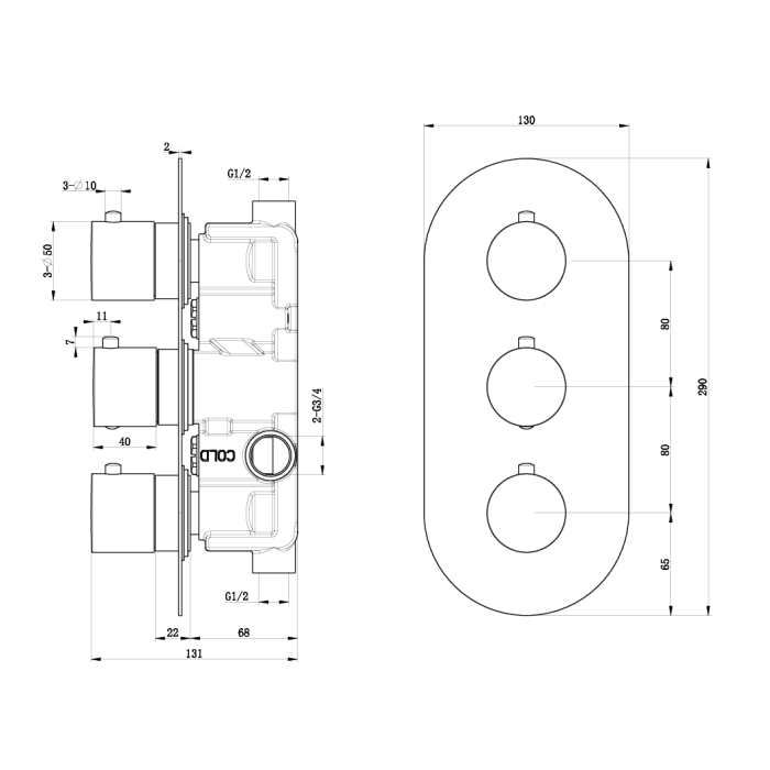 Dezine Pennar Matt Black Round Concealed Triple Shower Valve, 2 Outlet