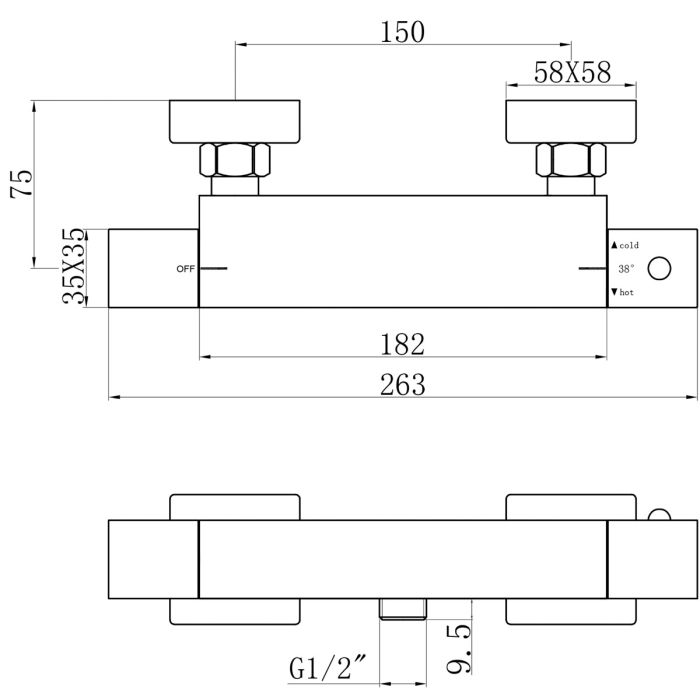 Dezine Shwar Pro Square Chrome Bar Valve, Bottom Outlet