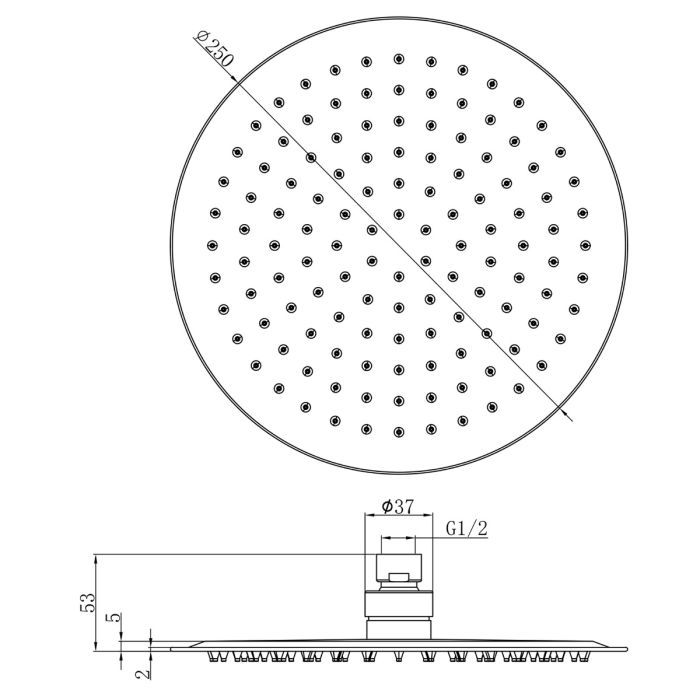 Dezine Pennar Matt Black 250 x 250mm Round Overhead Shower Head