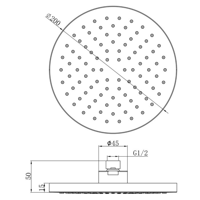 Dezine 200 x 200mm Round Shower Head