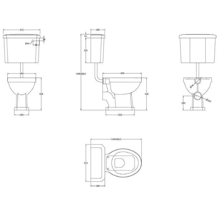 Dezine Ely Low Level Raised Cistern Toilet, no Seat