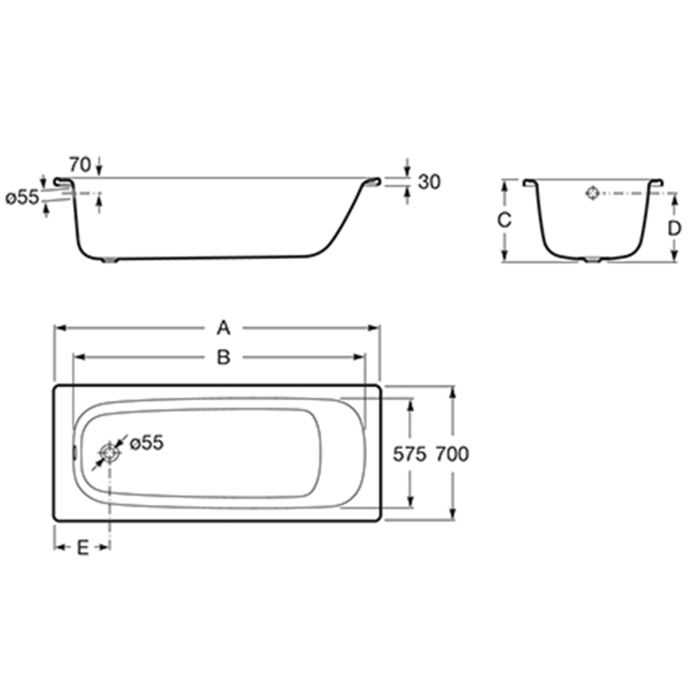 Dezine 1500 x 700mm Steel Bath Twin Grips, 2TH, Anti Slip