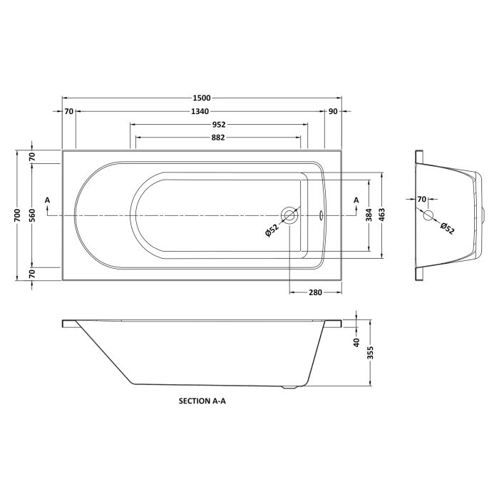 Dezine Alto 1500 x 700mm Single Ended Straight Bath, 0TH