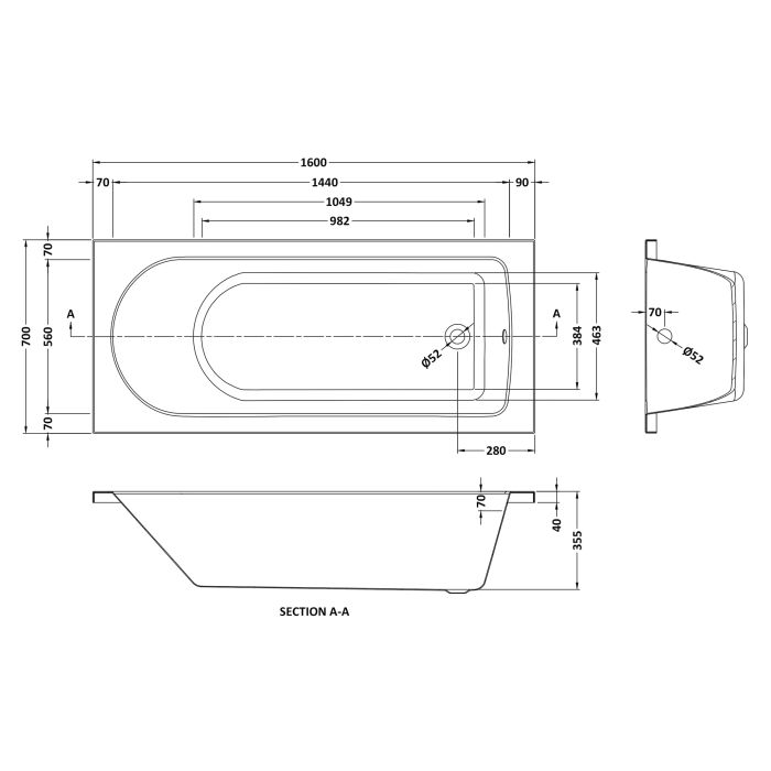 Dezine Alto 1600 x 700mm Single Ended Straight Bath, 0TH