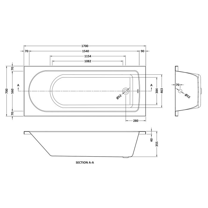 Dezine Alto 1700 x 700mm Single Ended Straight Bath