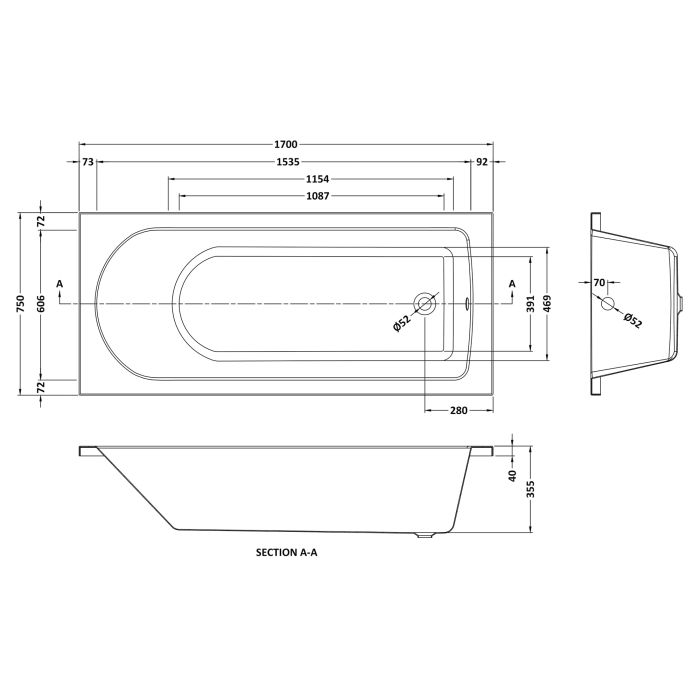 Dezine Alto 1700 x 750mm Single Ended Straight Bath, 0TH