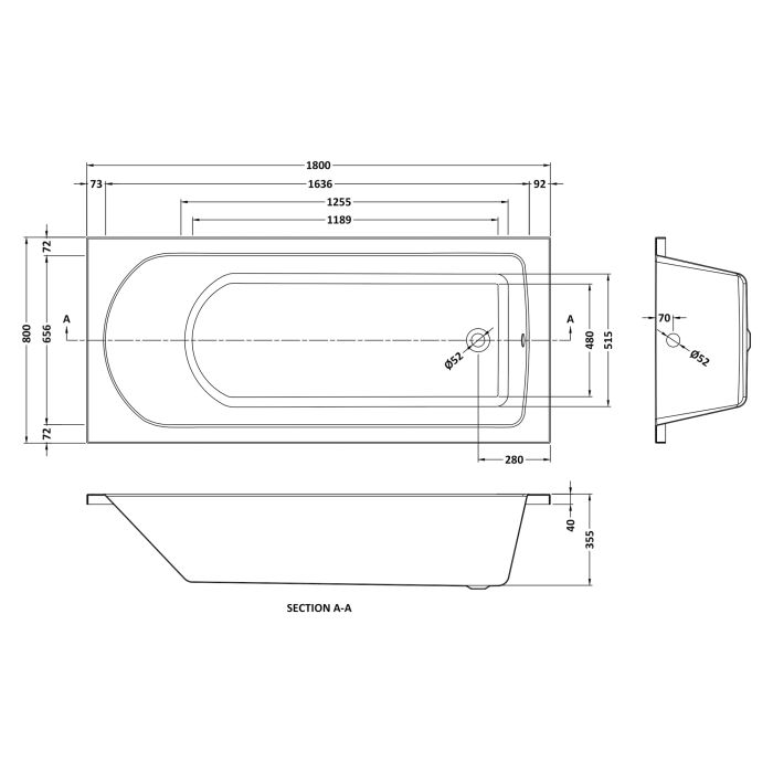 Dezine Alto 1800 x 800mm Single Ended Straight Bath, 0TH