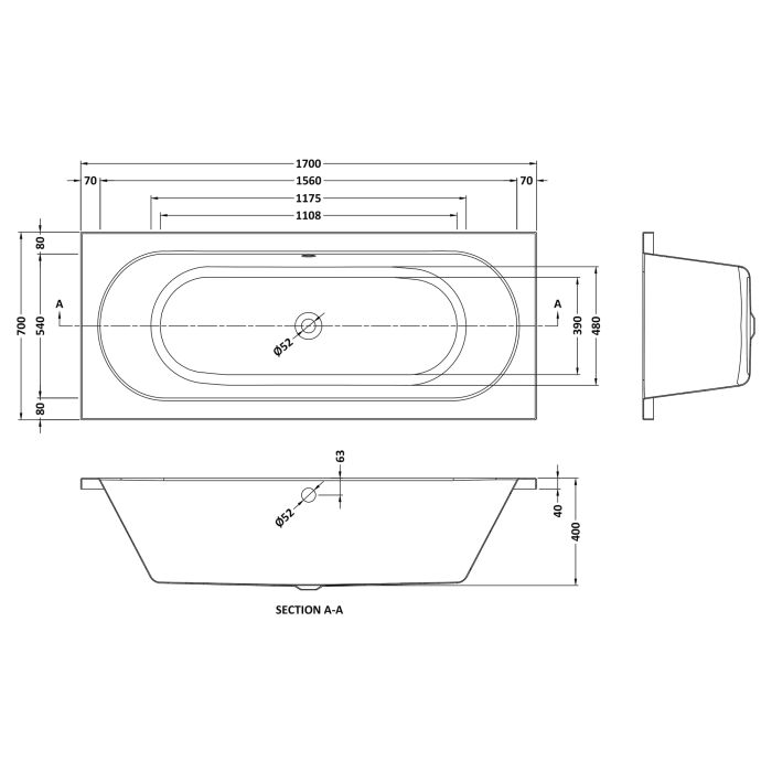 Dezine Alto 1700 x 700mm Double Ended Straight Bath, 0TH