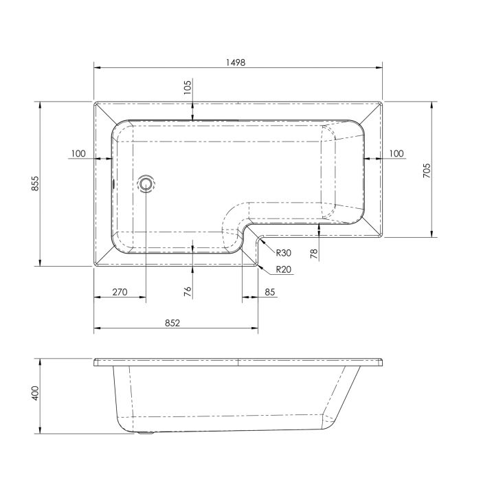 Dezine 1500 x 850mm L Shaped Left Hand Shower Bath