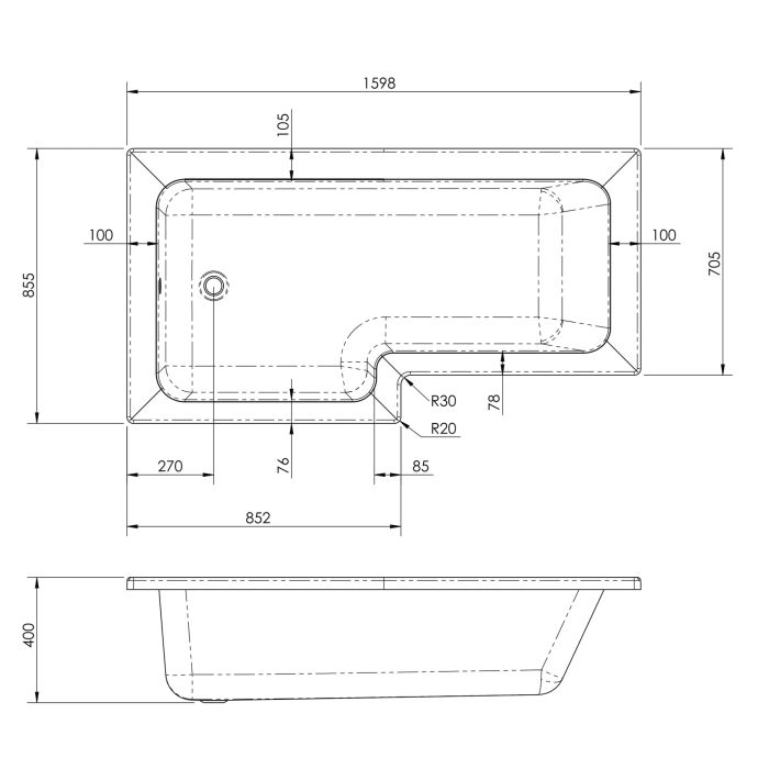 Dezine 1500 x 850mm L Shaped Right Hand Shower Bath